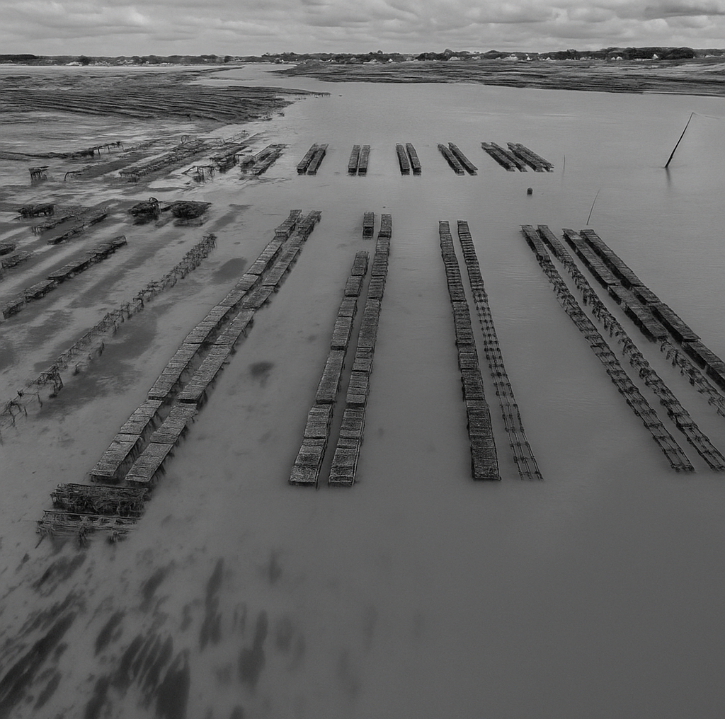 Alignement de parcs à huîtres dans une étendue d'eau, vue en noir et blanc