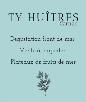 L'image présente une affiche pour Ty Huîtres Carnac avec les services suivants : dégustation front de mer, vente à emporter et plateaux de fruits de mer.